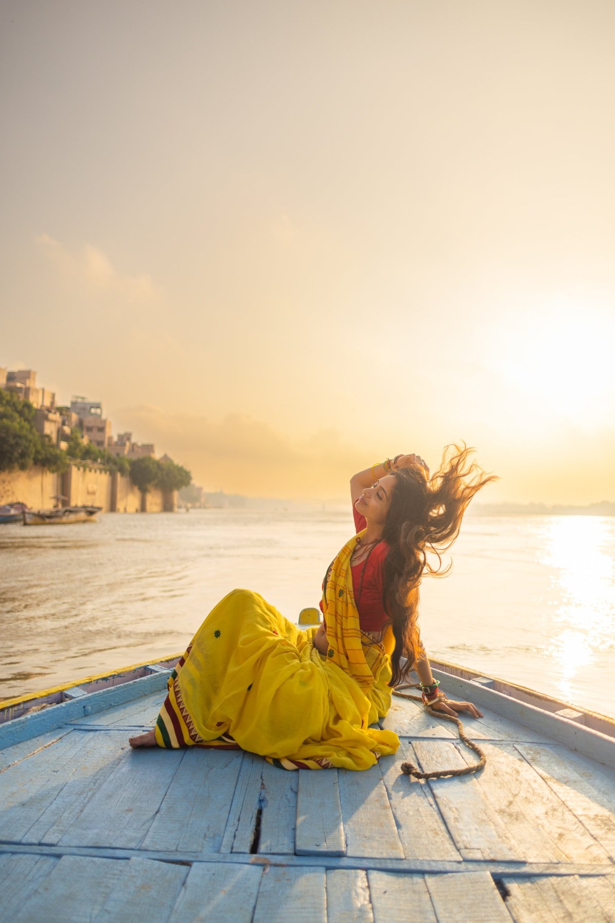 Kamya on the Ganga at sunrise in Kashi